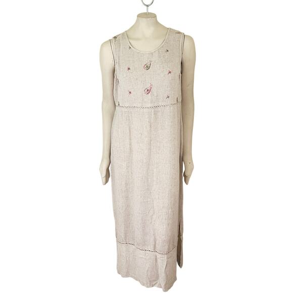 VTG NANCY BOLEN Flax Blend Embroidered Sleeveless Maxi Dress in Oatmeal SZ L - Picture 11 of 11